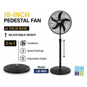 Elbee Ventilateur sur pied de 18 pouces – Modèle LB-985, Vitesses : 3 niveaux réglables (faible / moyen / fort), Grand ventilateur 18 pouces pour forte ventilation