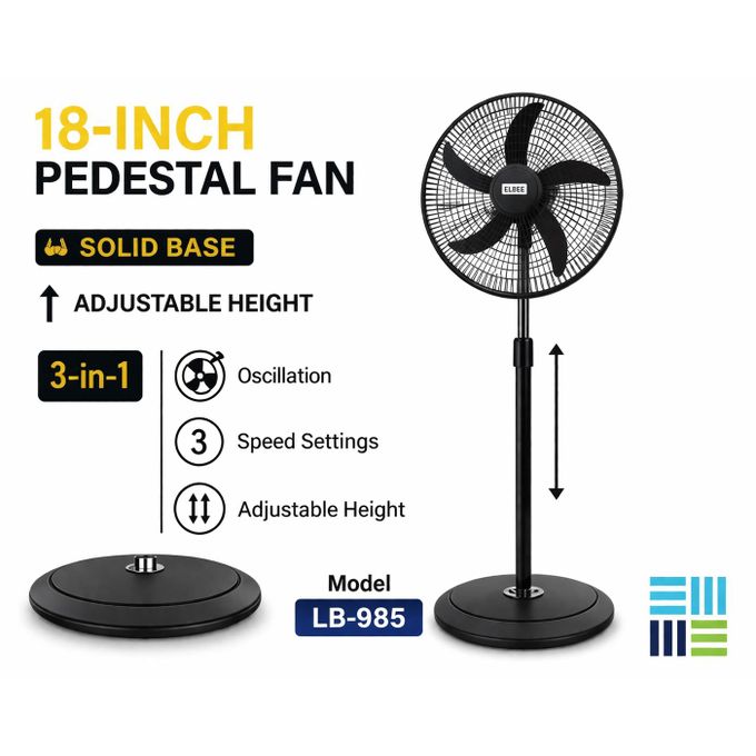 Elbee Ventilateur sur pied de 18 pouces – Modèle LB-985, Vitesses : 3 niveaux réglables (faible / moyen / fort), Grand ventilateur 18 pouces pour forte ventilation