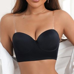 Soutien-gorge Confort Respirant pour Femme avec Bretelles Transparentes - Invisible Sans Bretelles et Sans Dos - Noir
