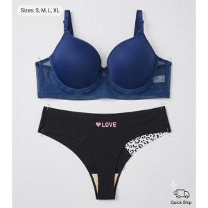 Ensemble Lingerie Femme – Soutien-gorge Push-up Bleu (85D) & Culotte Tanga "LOVE" (XL) – Confort & Style