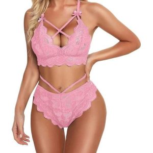 Ensemble lingerie Soutien-gorge sans armature et culotte en dentelle - Rose clair